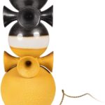 Handcrafted bronze and yellow glazed ceramic table lamp with stacked sculptural base and dark drum shade