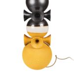 Handcrafted bronze and yellow glazed ceramic table lamp with stacked sculptural base and dark drum shade