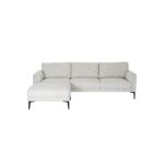 White three-seater sofa with textured fabric upholstery, matching footstool, and slim black metal legs.