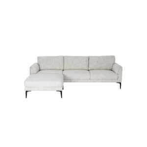 White three-seater sofa with textured fabric upholstery, matching footstool, and slim black metal legs.