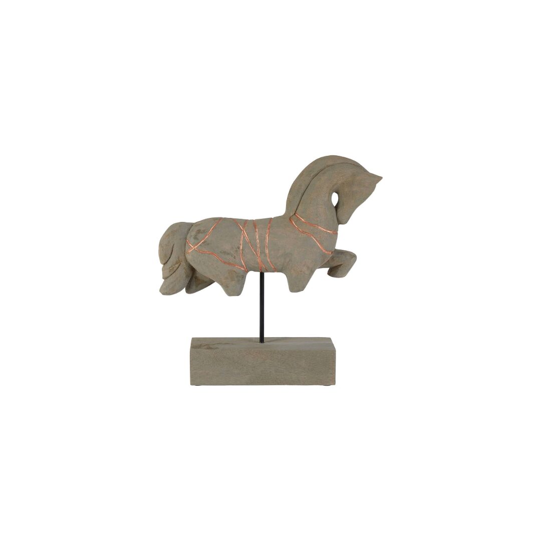Natural mango wood horse sculpture with copper engraved detailing, elevated on black iron stems and a rectangular base.