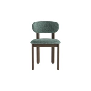 Upholstered dining chair with curved backrest in green fabric and shaded grey-brown beech wood frame.