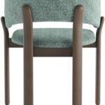 Upholstered dining chair with curved backrest in green fabric and shaded grey-brown beech wood frame.
