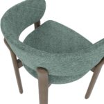 Upholstered dining chair with curved backrest in green fabric and shaded grey-brown beech wood frame.