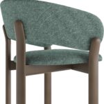 Upholstered dining chair with curved backrest in green fabric and shaded grey-brown beech wood frame.