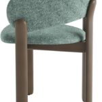 Upholstered dining chair with curved backrest in green fabric and shaded grey-brown beech wood frame.