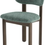 Upholstered dining chair with curved backrest in green fabric and shaded grey-brown beech wood frame.