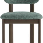 Upholstered dining chair with curved backrest in green fabric and shaded grey-brown beech wood frame.