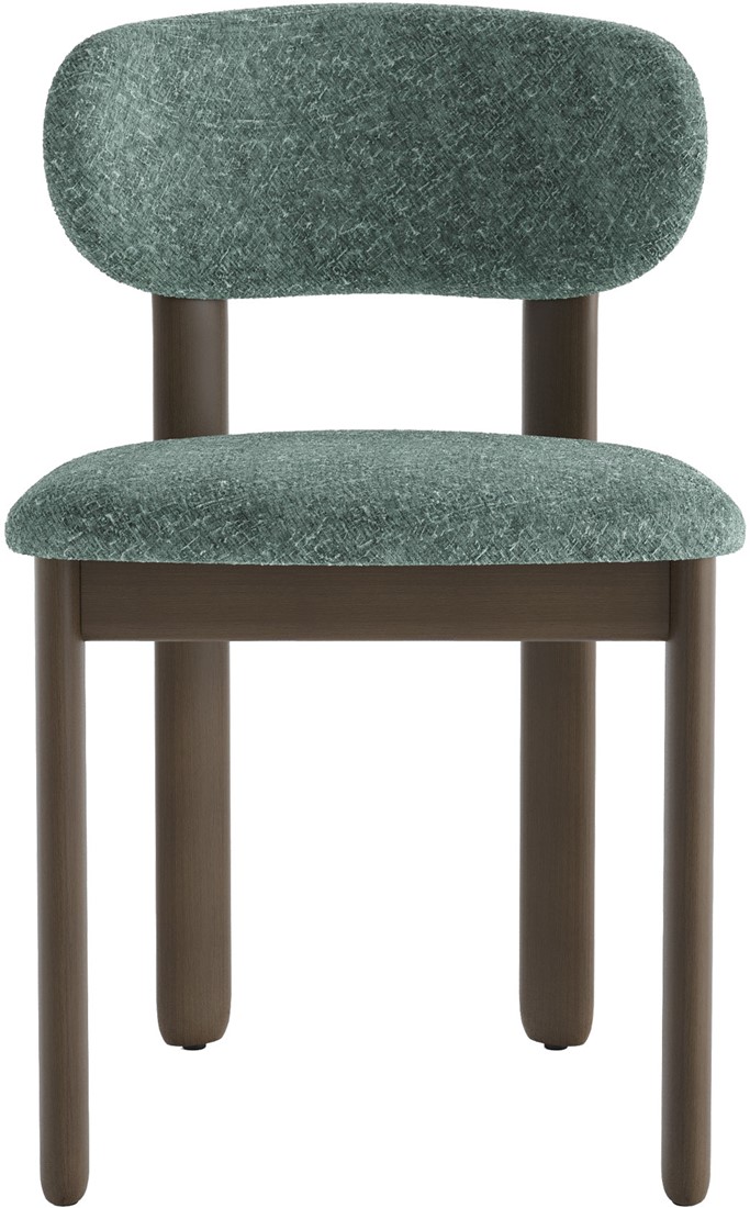 Upholstered dining chair with curved backrest in green fabric and shaded grey-brown beech wood frame.
