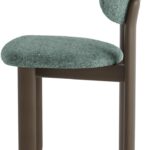 Upholstered dining chair with curved backrest in green fabric and shaded grey-brown beech wood frame.