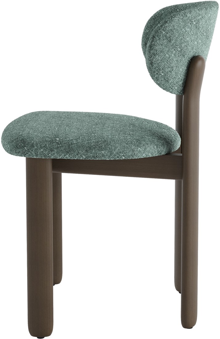 Upholstered dining chair with curved backrest in green fabric and shaded grey-brown beech wood frame.