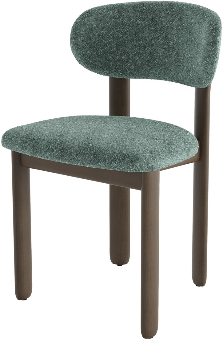 Upholstered dining chair with curved backrest in green fabric and shaded grey-brown beech wood frame.