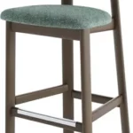 Upholstered island bar chair with green fabric seat, curved backrest, and shaded grey-brown beech wood frame.