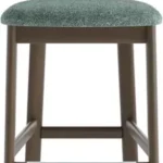 Upholstered island bar chair with green fabric seat, curved backrest, and shaded grey-brown beech wood frame.