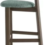 Upholstered island bar chair with green fabric seat, curved backrest, and shaded grey-brown beech wood frame.