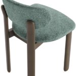 Upholstered dining chair with curved backrest in green fabric and shaded grey-brown beech wood frame.