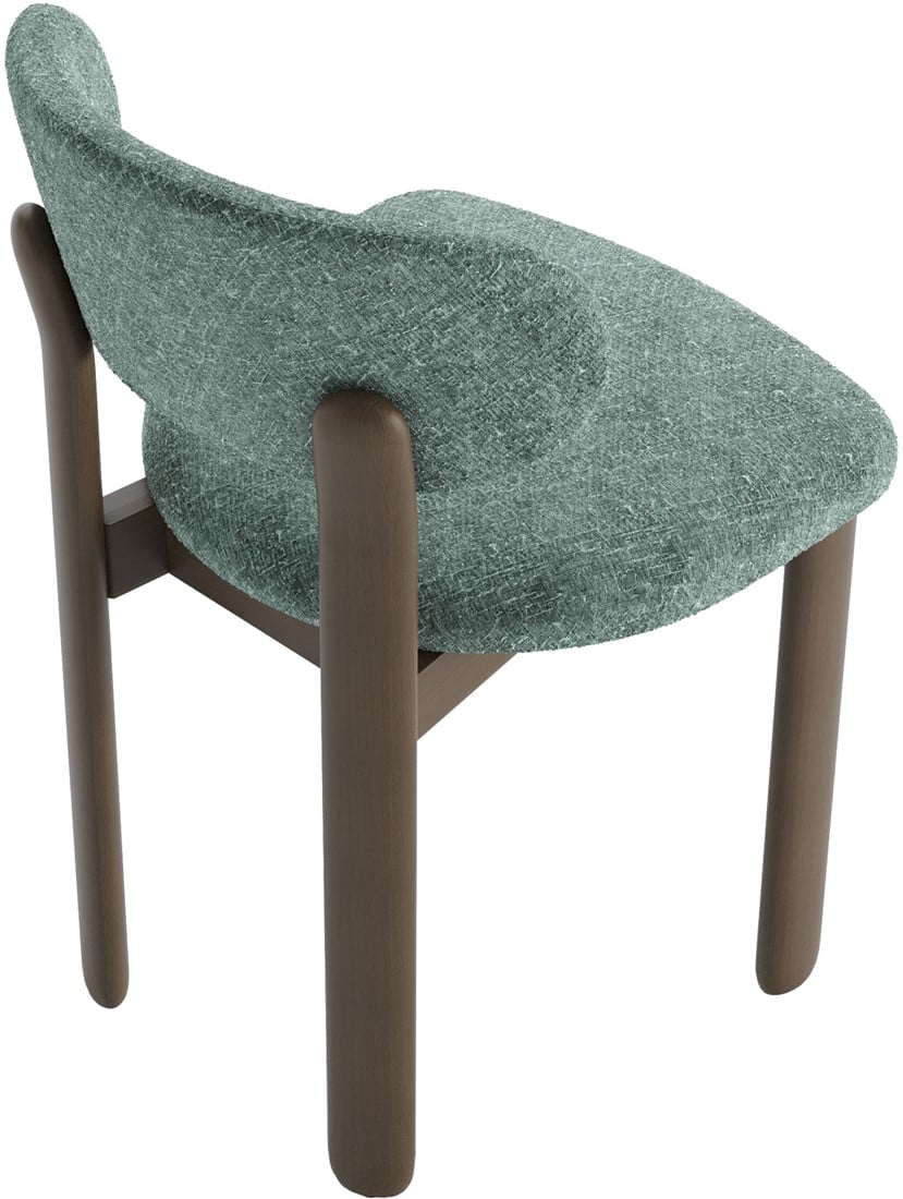 Upholstered dining chair with curved backrest in green fabric and shaded grey-brown beech wood frame.