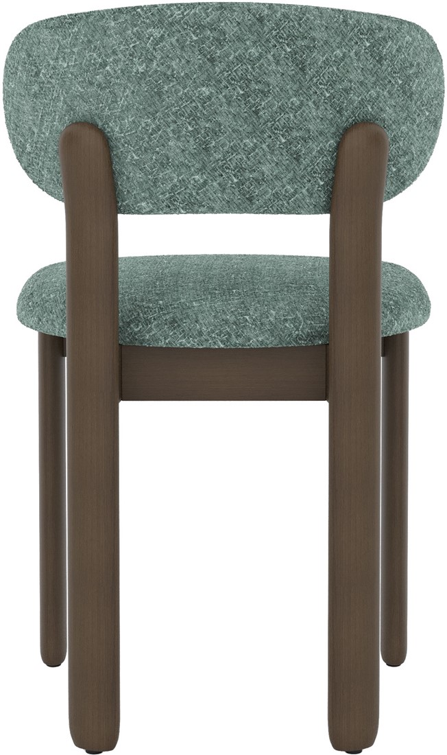 Upholstered dining chair with curved backrest in green fabric and shaded grey-brown beech wood frame.