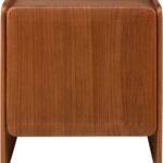 MIKA Left Bedside Cabinet in amber-finished mindi veneer with smooth rounded edges and modern sculptural form.