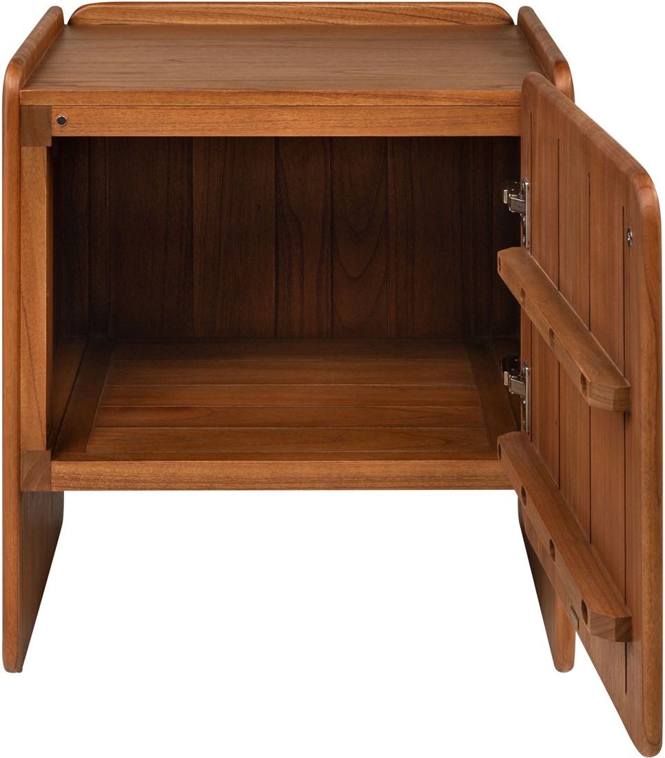 MIKA Left Bedside Cabinet in amber-finished mindi veneer with smooth rounded edges and modern sculptural form.