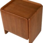 MIKA Left Bedside Cabinet in amber-finished mindi veneer with smooth rounded edges and modern sculptural form.