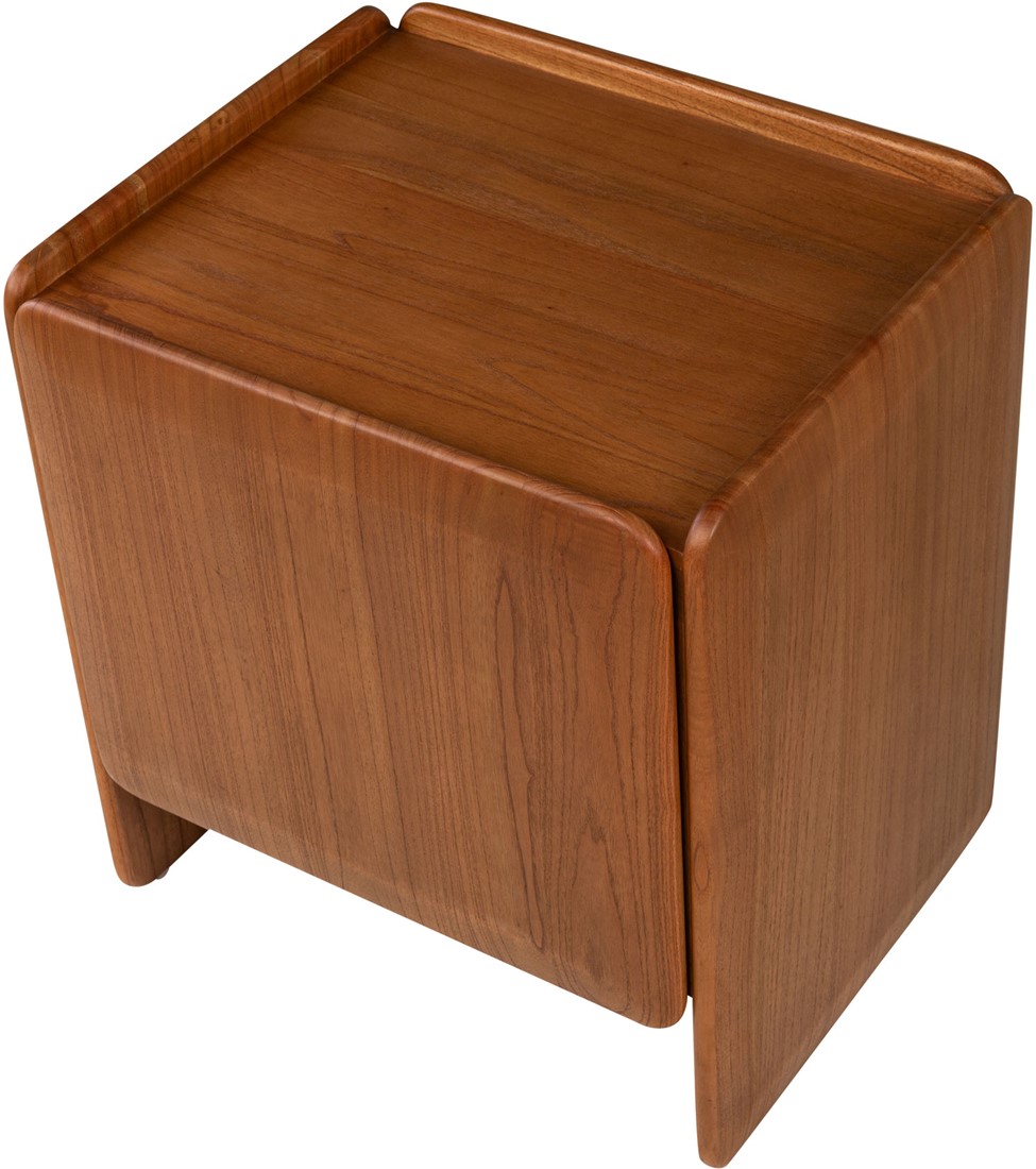 MIKA Left Bedside Cabinet in amber-finished mindi veneer with smooth rounded edges and modern sculptural form.