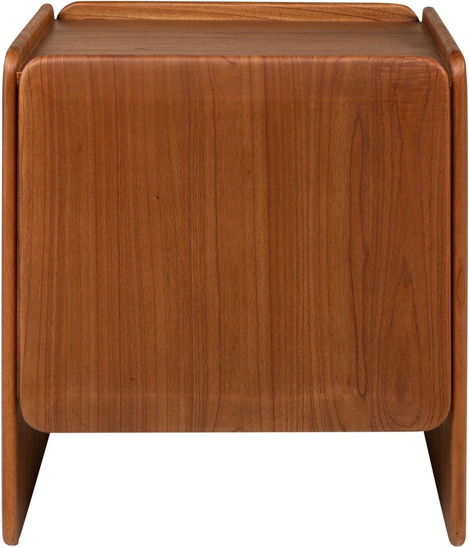MIKA Left Bedside Cabinet in amber-finished mindi veneer with smooth rounded edges and modern sculptural form.