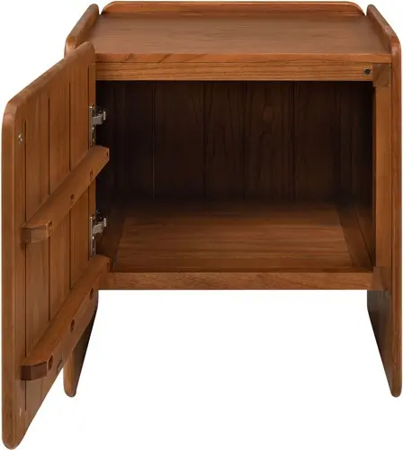 MIKA Right Bedside Cabinet in amber-finished mindi veneer with rounded sculptural edges and modern minimalist design.