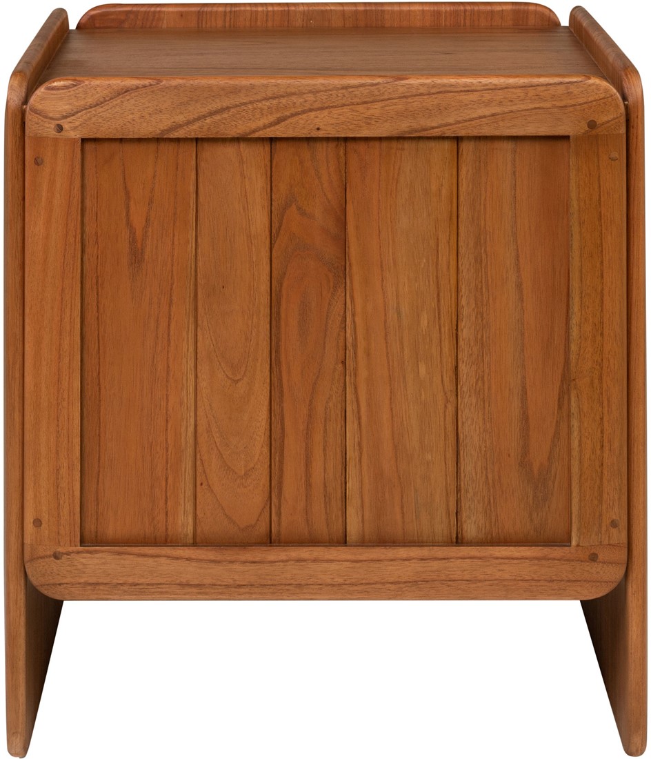 MIKA Left Bedside Cabinet in amber-finished mindi veneer with smooth rounded edges and modern sculptural form.
