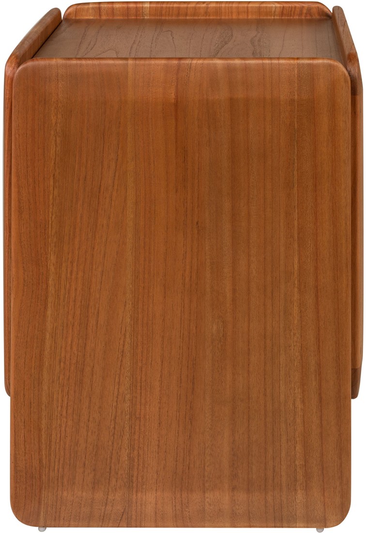 MIKA Left Bedside Cabinet in amber-finished mindi veneer with smooth rounded edges and modern sculptural form.