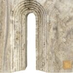 Travertine table lamp with sculpted arched stone base and satin polished finish