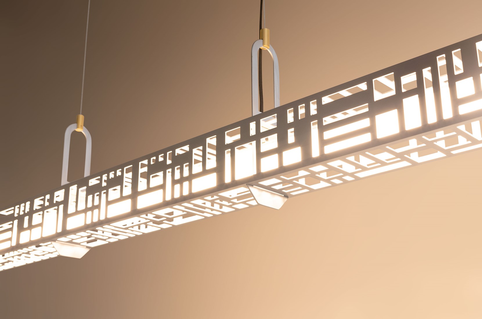 SKYFI linear pendant lamp in brushed aluminium with integrated LED strip, modern architectural ceiling light