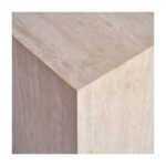 ICE Travertine Side Table cube in matte beige travertine marble, minimalist luxury stone side table.