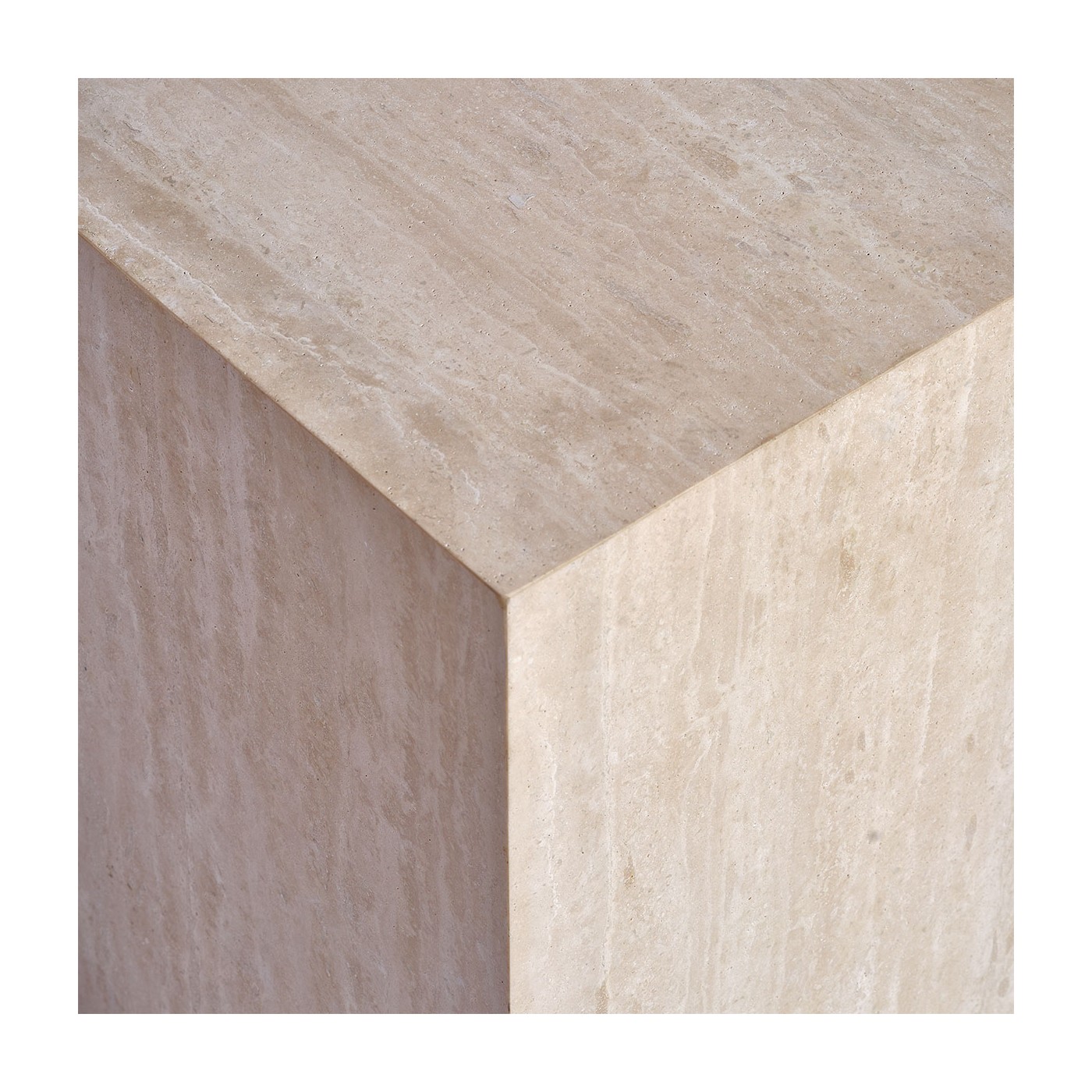 ICE Travertine Side Table cube in matte beige travertine marble, minimalist luxury stone side table.