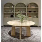 MIKAEL beige travertine marble dining table with round top and sculptural stone legs