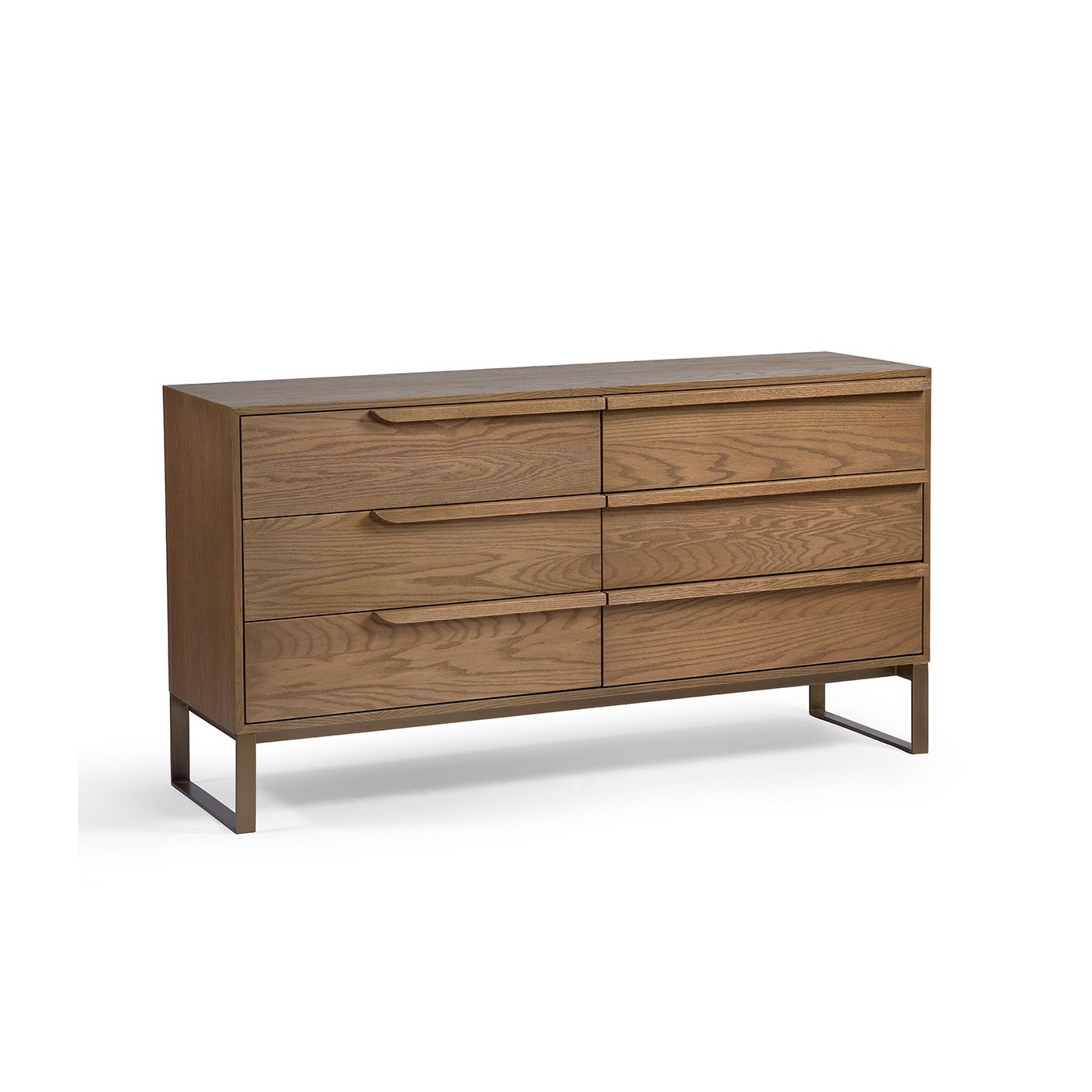 TEXAS oak sideboard with six drawers and gold metal legs, contemporary natural wood storage furniture
