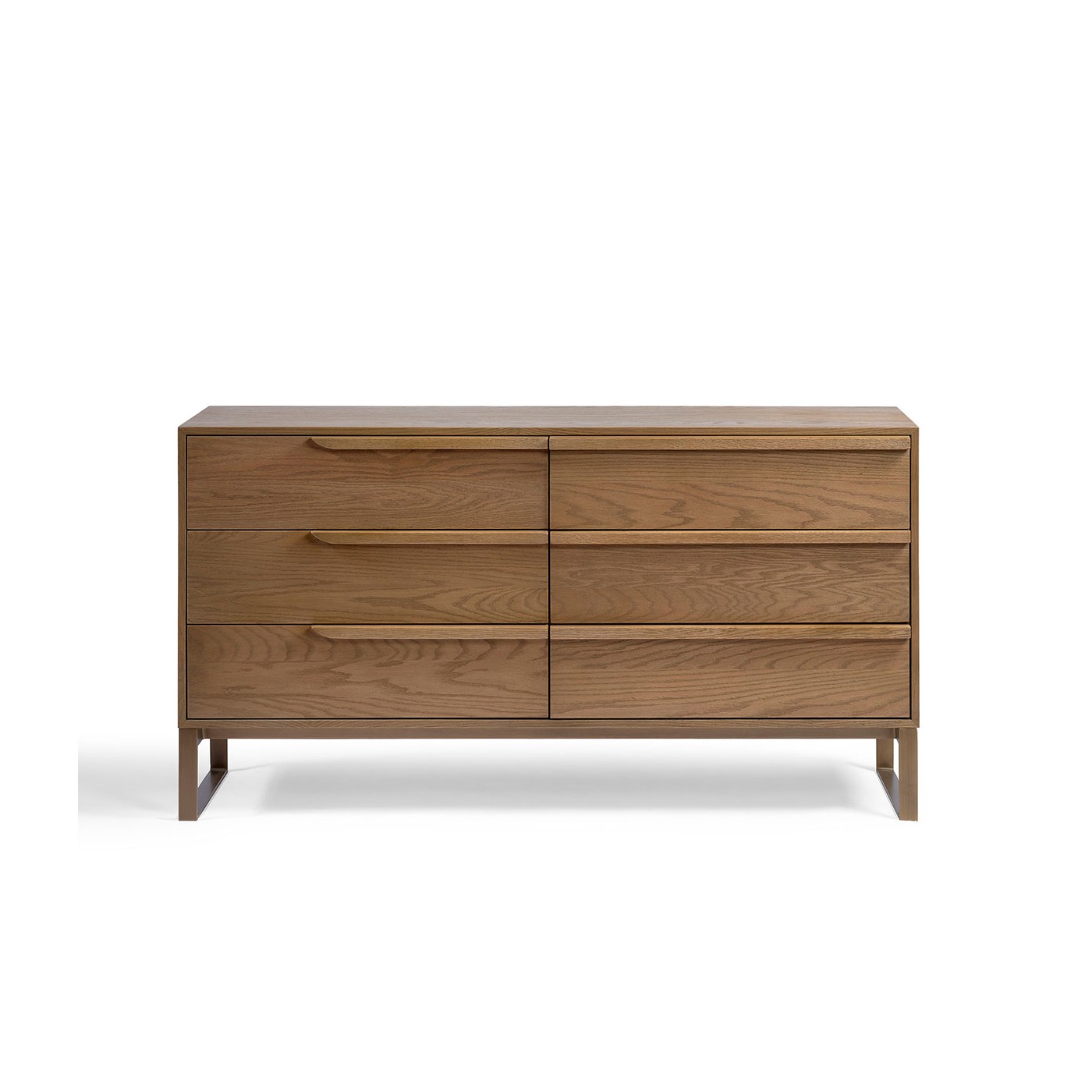TEXAS oak sideboard with six drawers and gold metal legs, contemporary natural wood storage furniture