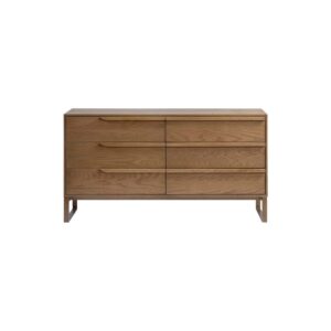 TEXAS oak sideboard with six drawers and gold metal legs, contemporary natural wood storage furniture