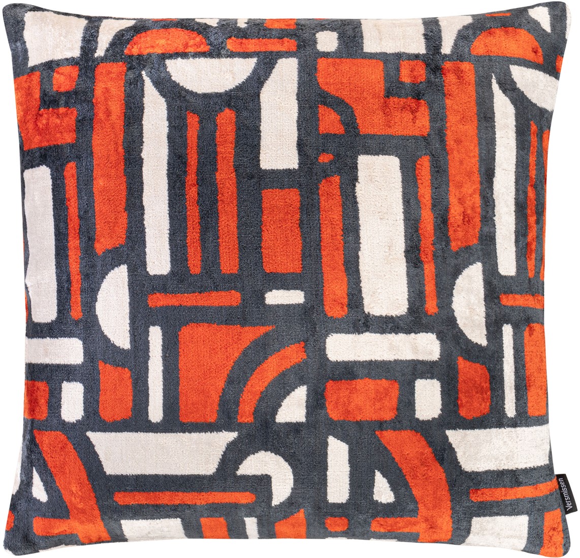IKAT orange cushion with geometric pattern and plush down filling, decorative accent cushion