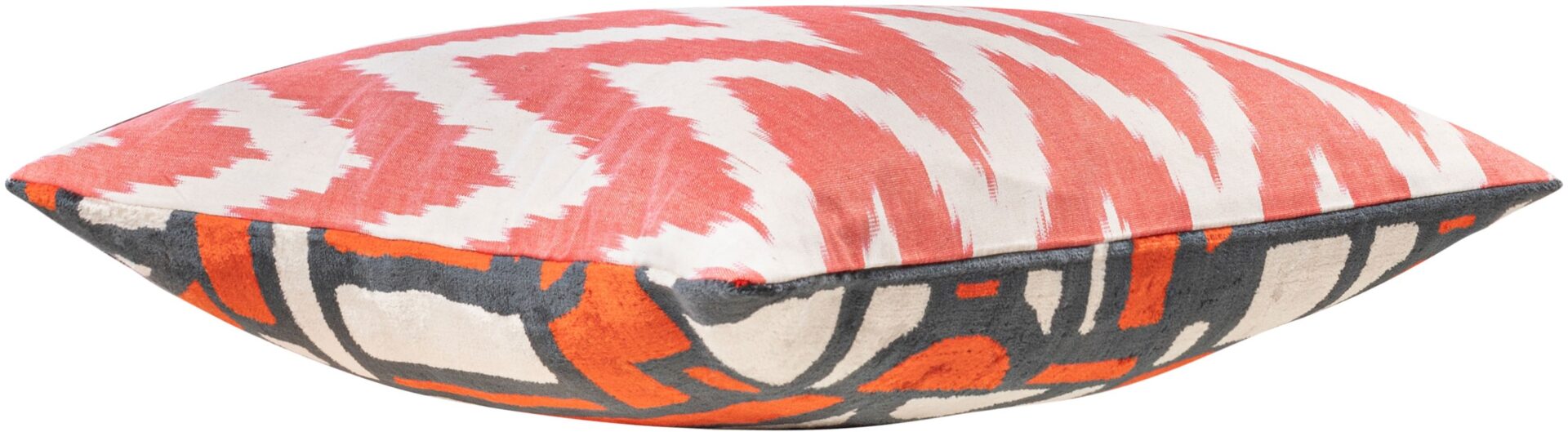 IKAT orange cushion with geometric pattern and plush down filling, decorative accent cushion