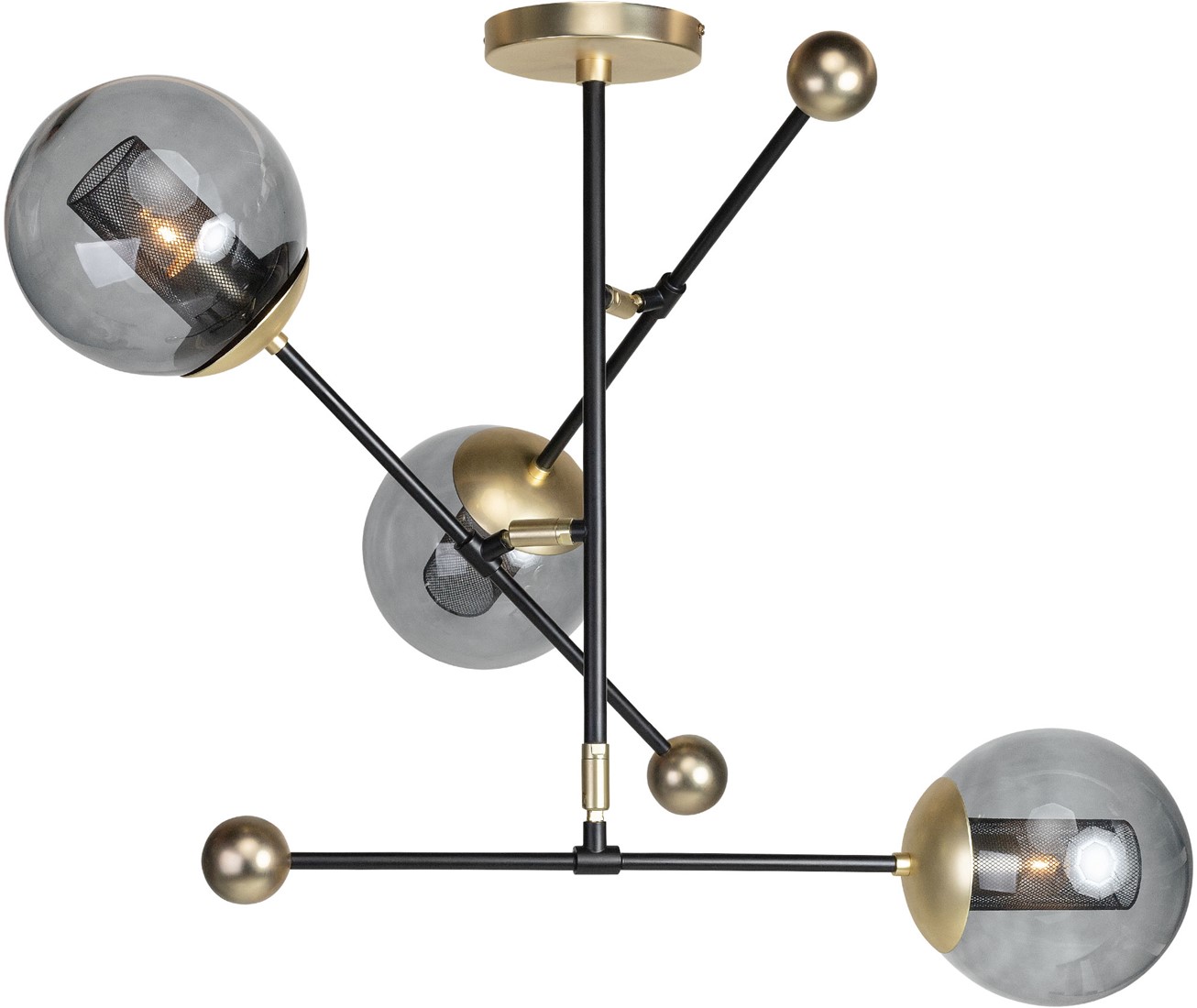 ORBIT Large Ceiling Lamp with smoked glass shades, black frame and gold sockets, modern adjustable ceiling light