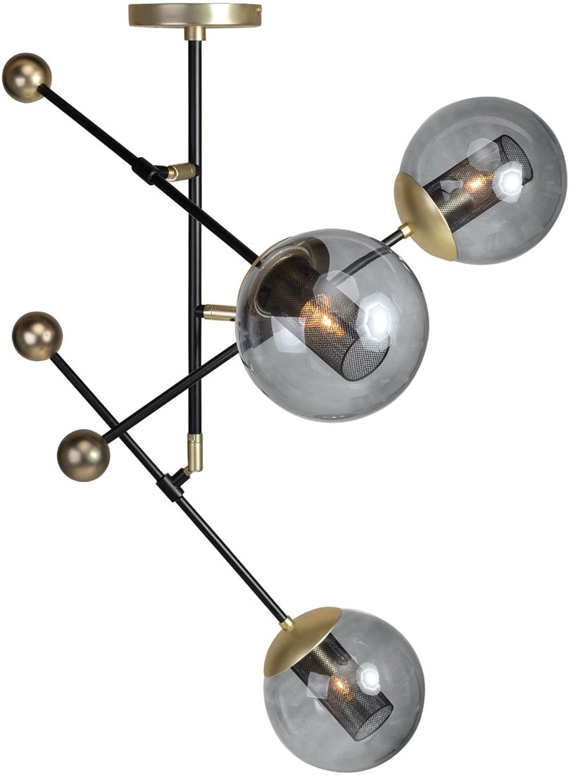 ORBIT Large Ceiling Lamp with smoked glass shades, black frame and gold sockets, modern adjustable ceiling light