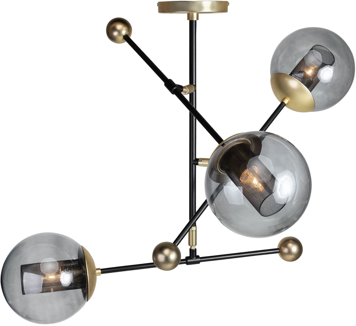 ORBIT Large Ceiling Lamp with smoked glass shades, black frame and gold sockets, modern adjustable ceiling light