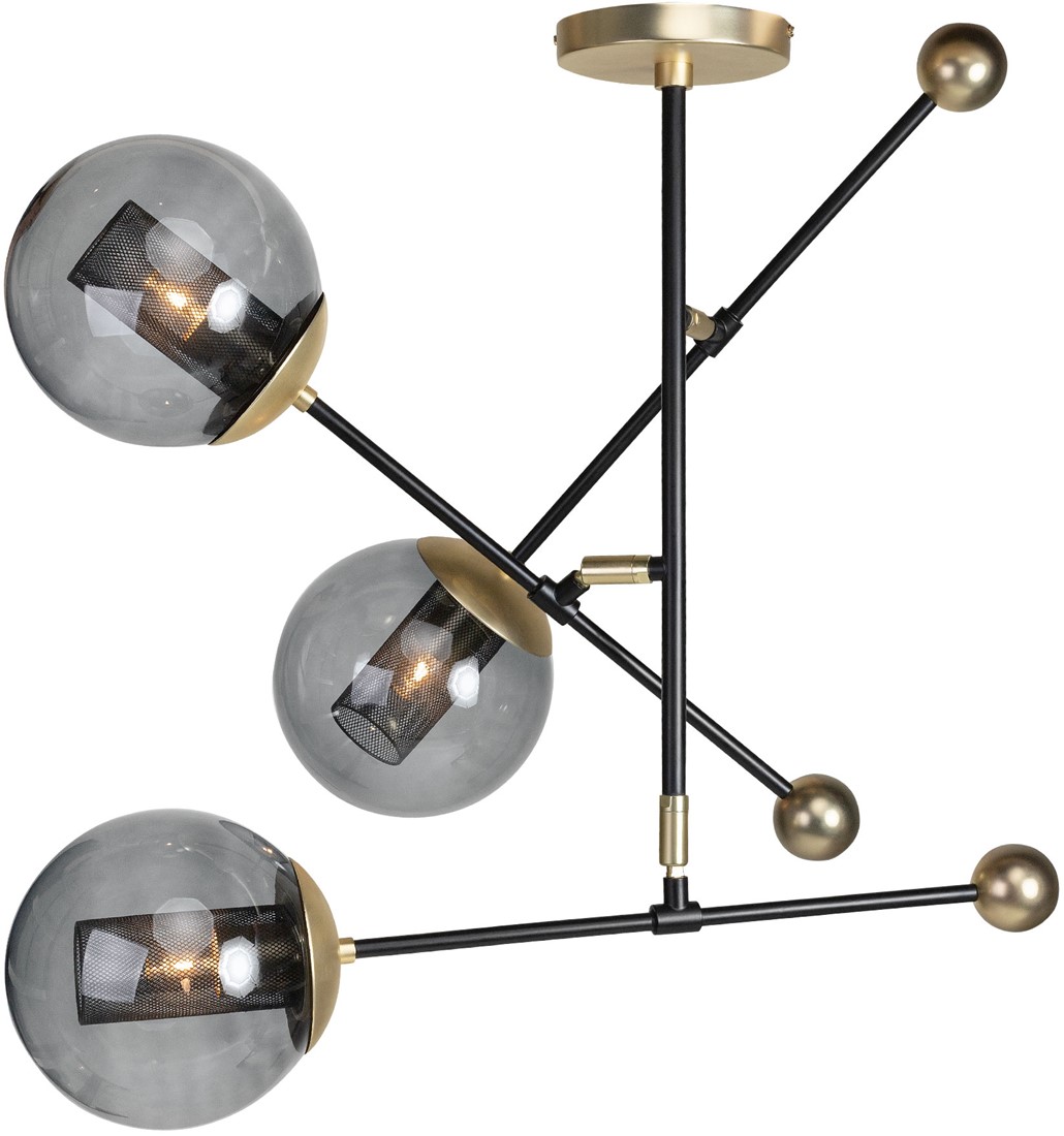 ORBIT Large Ceiling Lamp with smoked glass shades, black frame and gold sockets, modern adjustable ceiling light
