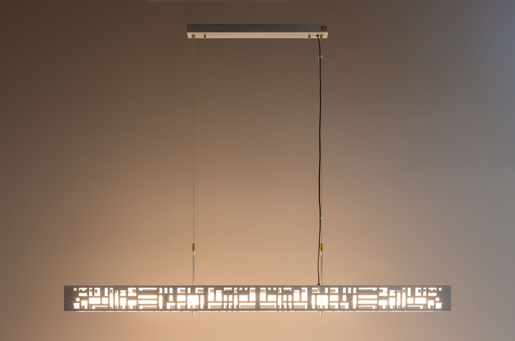 SKYFI linear pendant lamp in brushed aluminium with integrated LED strip, modern architectural ceiling light