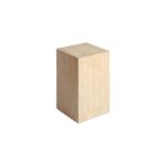 ICE Travertine Side Table cube in matte beige travertine marble, minimalist luxury stone side table.