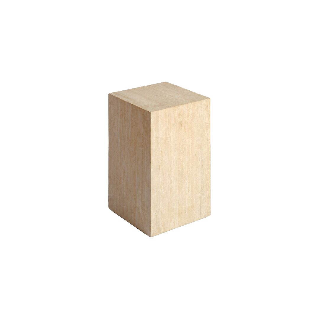 ICE Travertine Side Table cube in matte beige travertine marble, minimalist luxury stone side table.