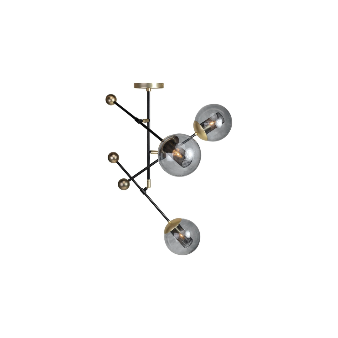 ORBIT Large Ceiling Lamp with smoked glass shades, black frame and gold sockets, modern adjustable ceiling light