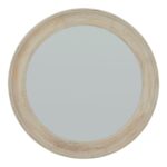 Round washed wood framed mirror with soft weathered texture in antique white, rustic decorative mirror for modern and classic interiors.