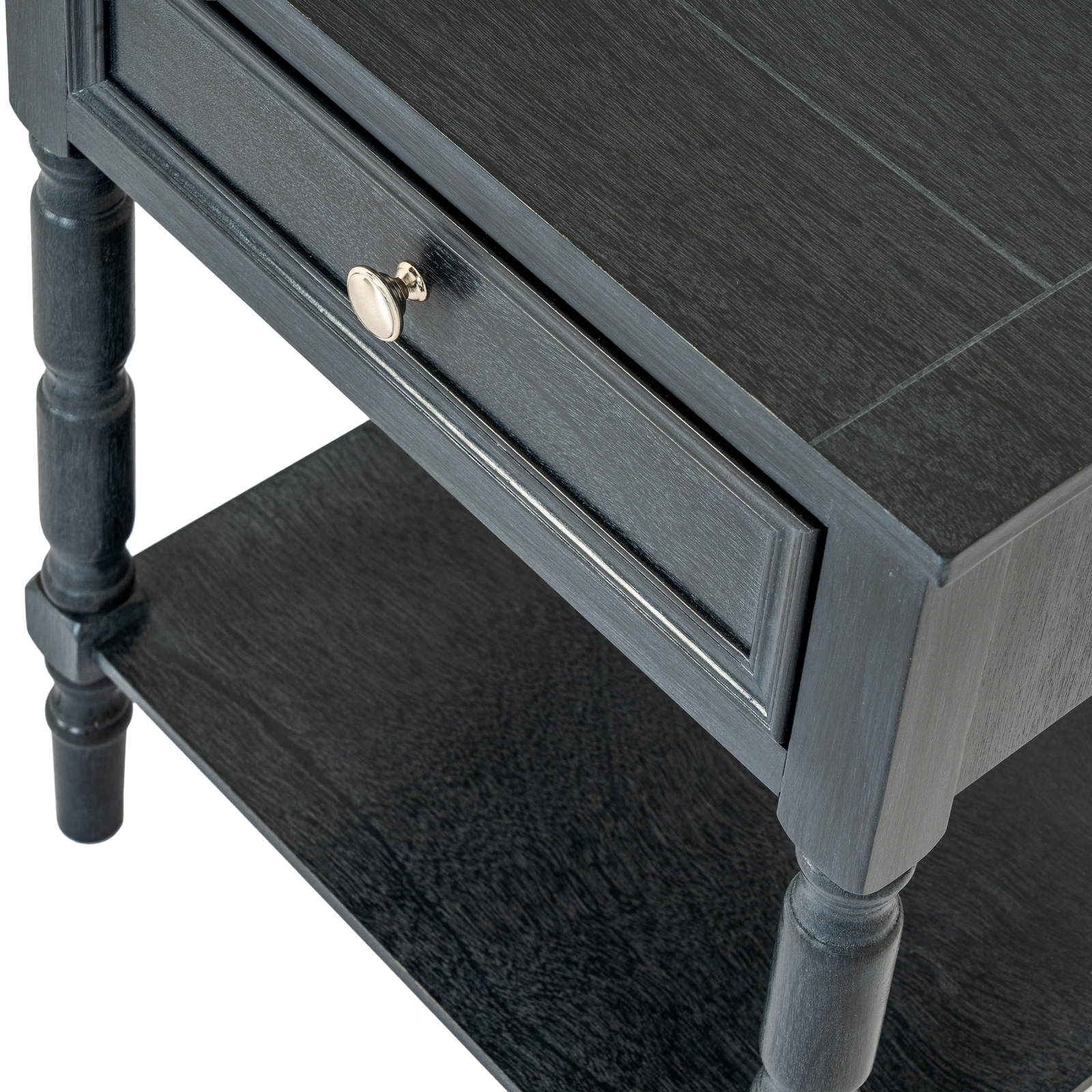 Black CONTOUR collection 1 drawer side table with wood grain finish and compact drawer storage.